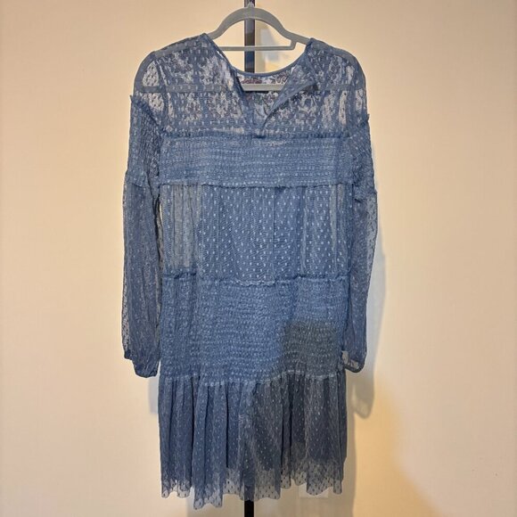 Maeve Anthropologie Samara Embroidered Blue Swiss Dot Smocked Ruffle Dress - Picture 10 of 13